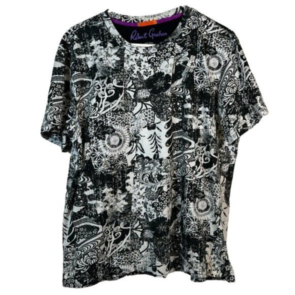 Robert Graham Black White Burnout Graphic Crewneck Shirt EUC #0971